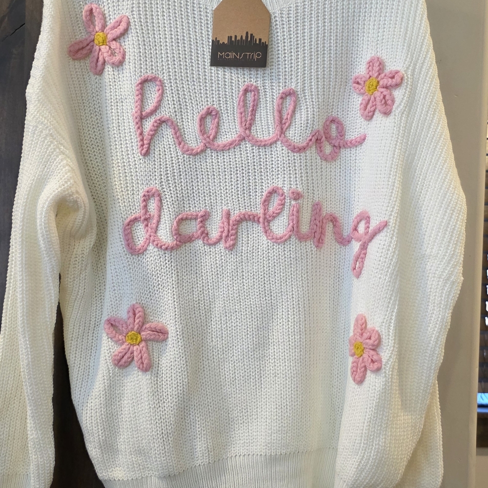Main Strip White and Pink Crew Neck Sweater with Floral Embroidery